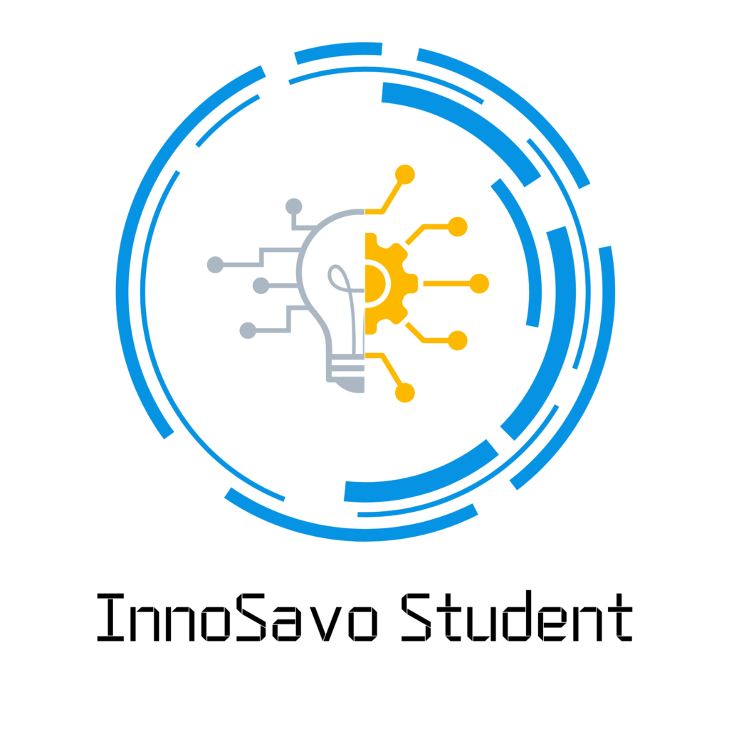 Sininen ja oranssi InnoSavo Student -logo, jossa on teknologiaa ja innovatiivisuutta,
